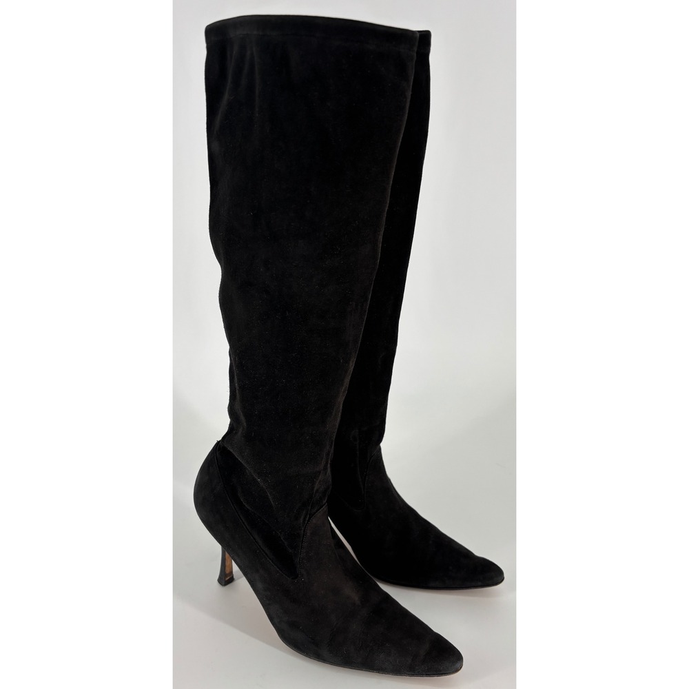 Manolo Blahnik Suede Knee High Pointed Boots Black Women Size 38 Stiletto Heel